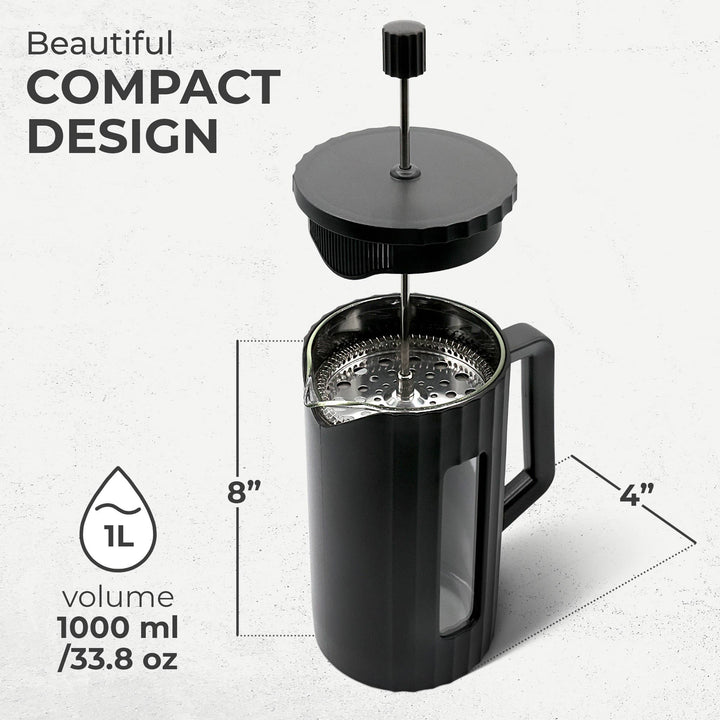Kaffe Large French Press Coffee Maker – Double-Wall, Black, 1L