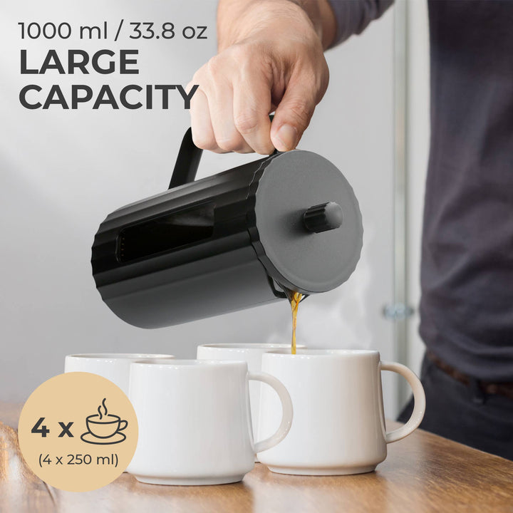 Kaffe Large French Press Coffee Maker – Double-Wall, Black, 1L