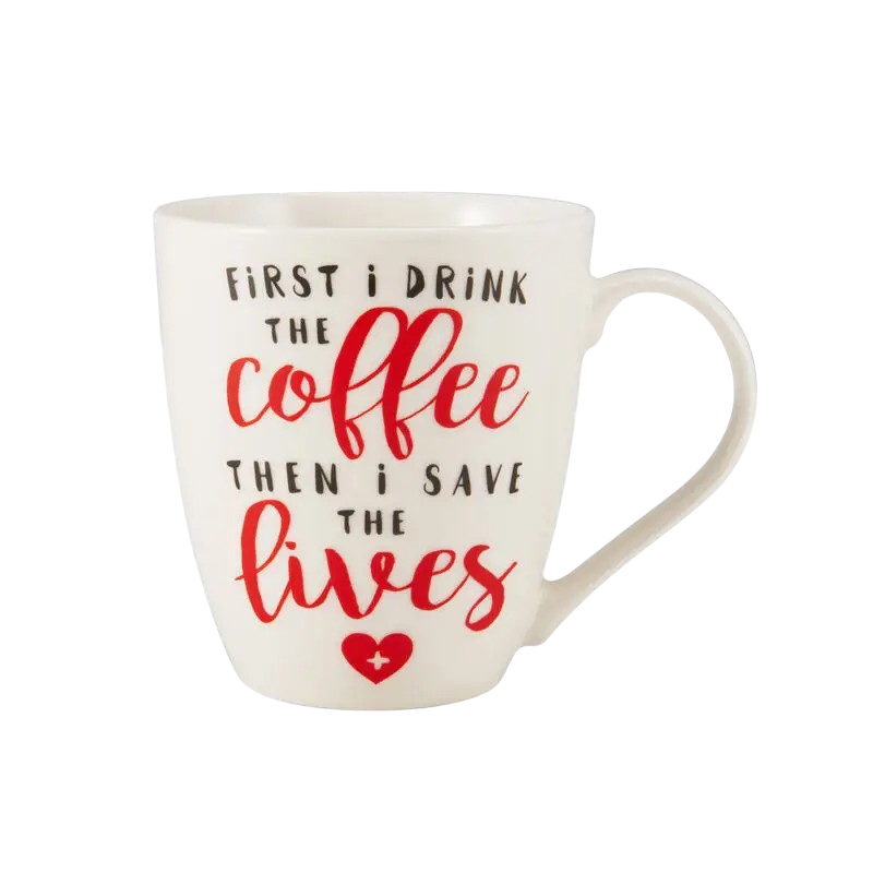 Pfaltzgraff 18oz "First I Drink the Coffee, Then I Save the Lives" Mug – Porcelain Barrel Mug