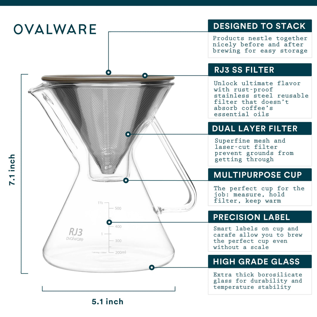 Ovalware Pour Over Coffee Maker Stainless Steel Filter 500ml/17oz