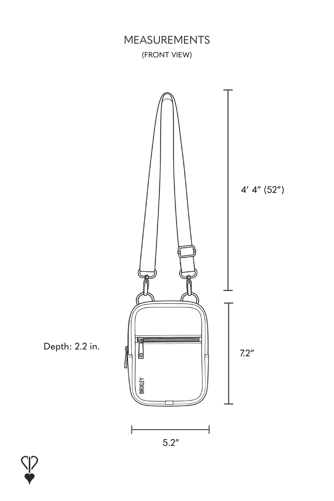 Measurement diagram for a small crossbody bag, showing front view dimensions: 4'4" (52") strap length, 7.2" height, 5.2" width, and 2.2" depth with a line drawing of the bag and text labels on a white background.