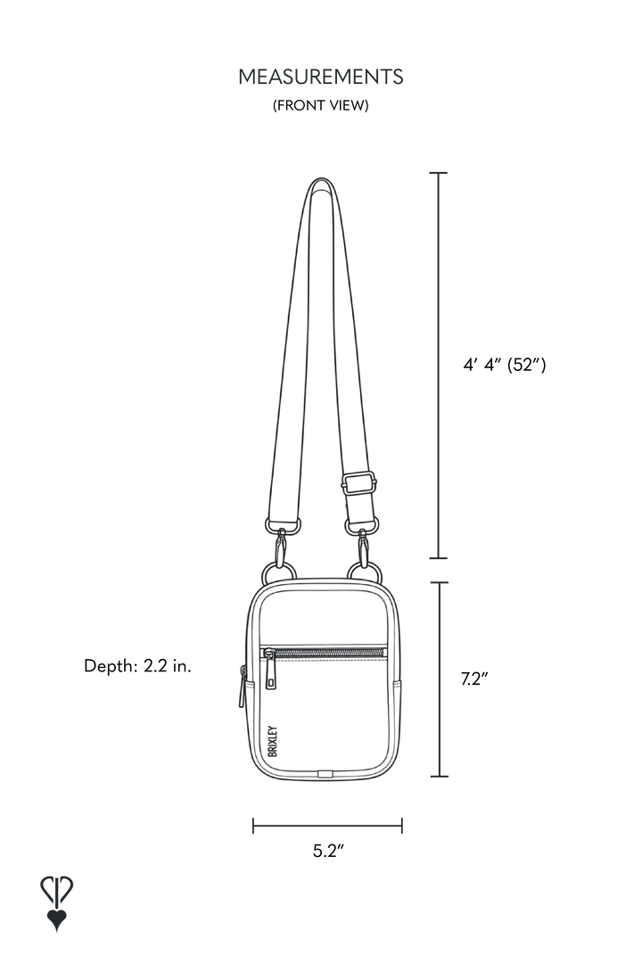 Measurement diagram for a small crossbody bag, showing front view dimensions: 4'4" (52") strap length, 7.2" height, 5.2" width, and 2.2" depth with a line drawing of the bag and text labels on a white background.