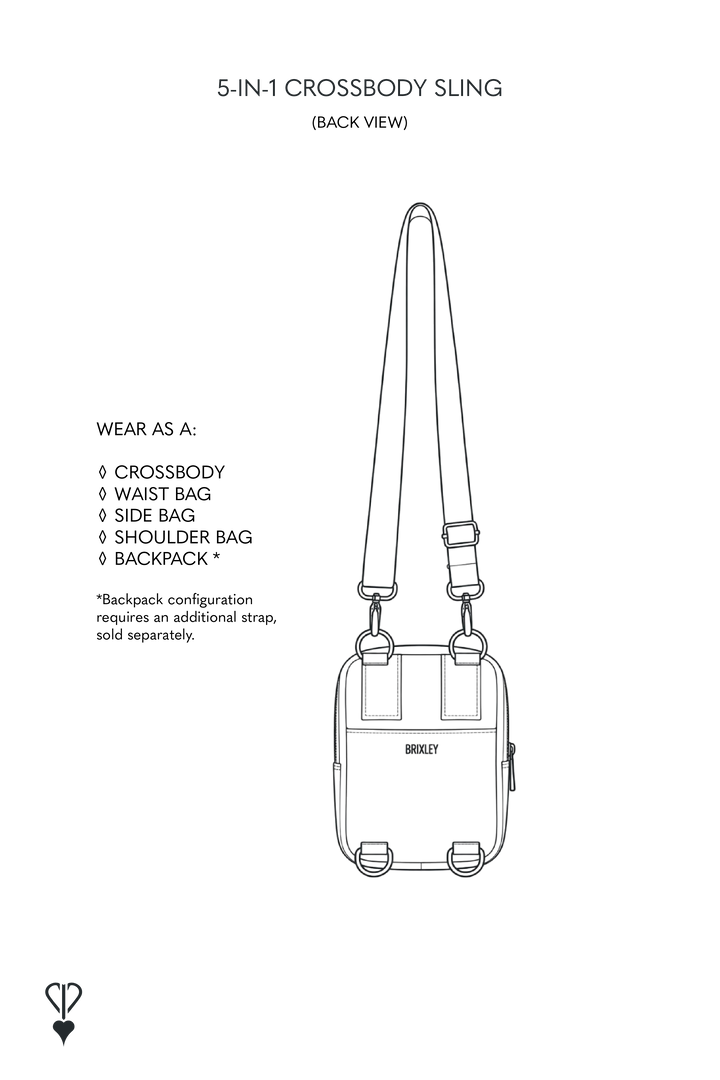 A black-and-white line drawing on a white page showing the back view of a crossbody sling bag, with text listing wearable configurations including crossbody, waist bag, side bag, shoulder bag, and backpack.