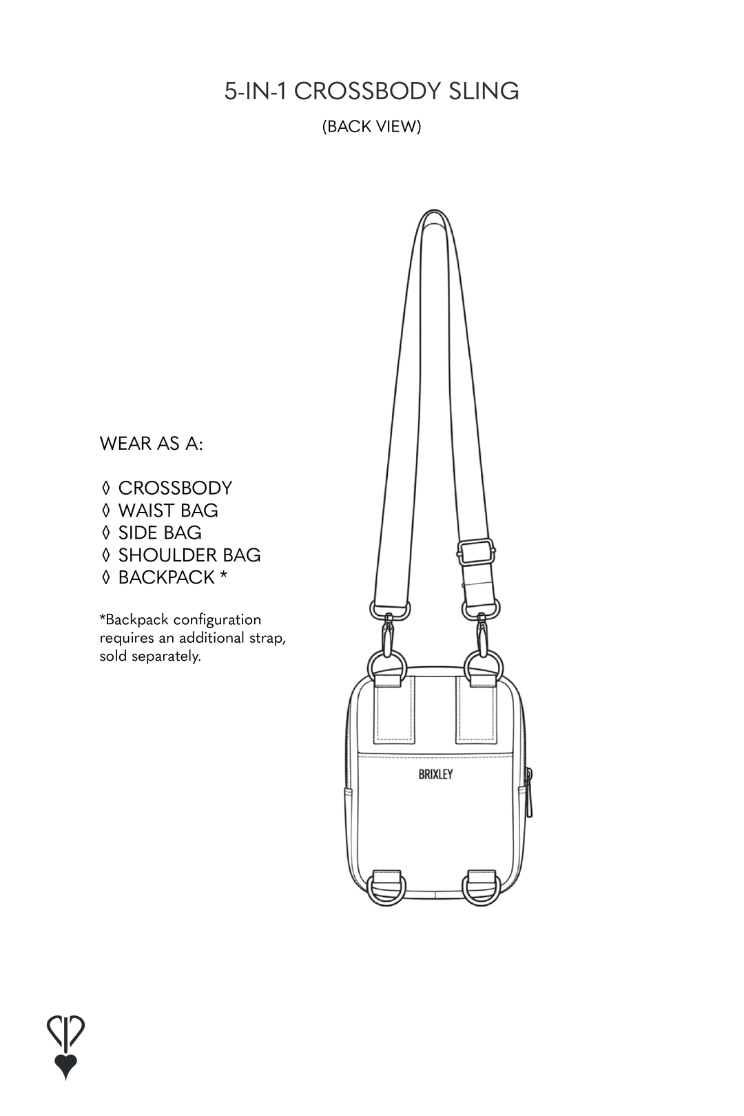 A black-and-white line drawing on a white page showing the back view of a crossbody sling bag, with text listing wearable configurations including crossbody, waist bag, side bag, shoulder bag, and backpack.