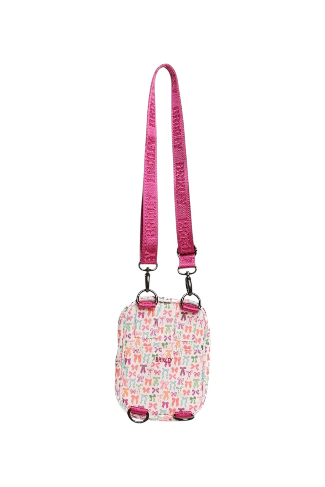 A small crossbody bag with a pink patterned body and a bright pink strap featuring black text, shown against a plain white background.