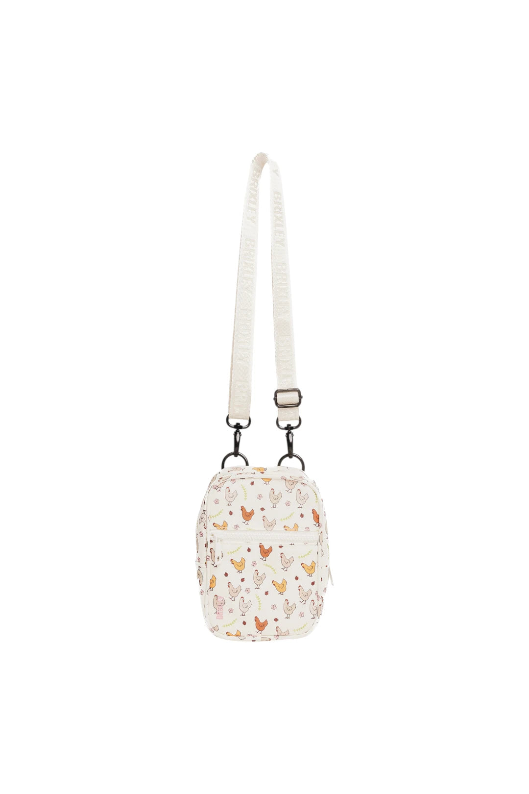A small crossbody bag with a white strap and a white body covered in a colorful pattern of chickens, shown against a plain white background.