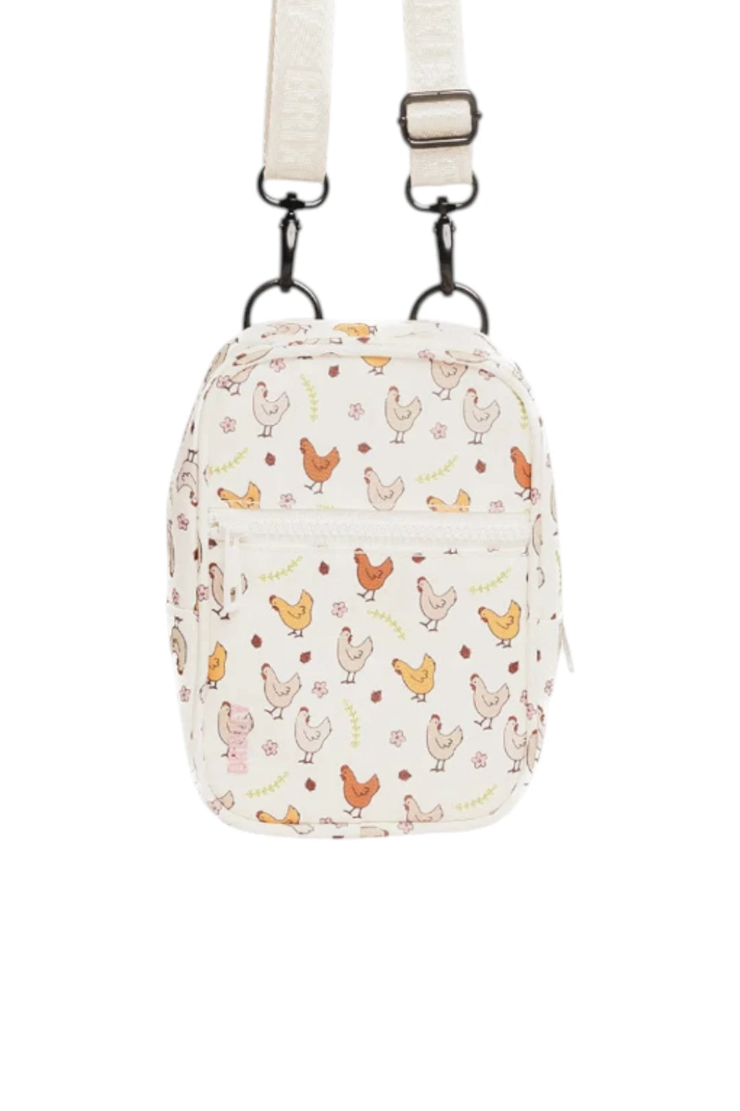 A small crossbody bag with a white background and a pattern of cartoon chickens in orange, yellow, and brown. It features a front zippered pocket and an adjustable white strap with black metal clips.