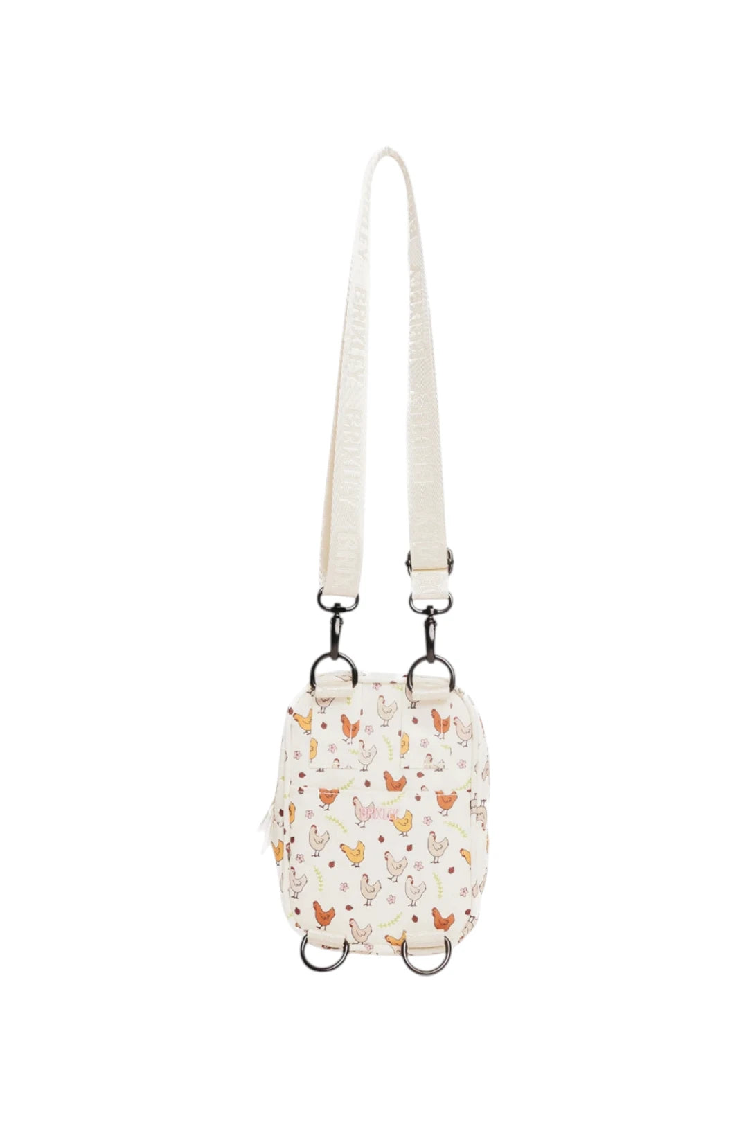 A small cream-colored crossbody bag with a delicate chicken pattern in orange, brown, and green, featuring a matching cream shoulder strap and black metal hardware.