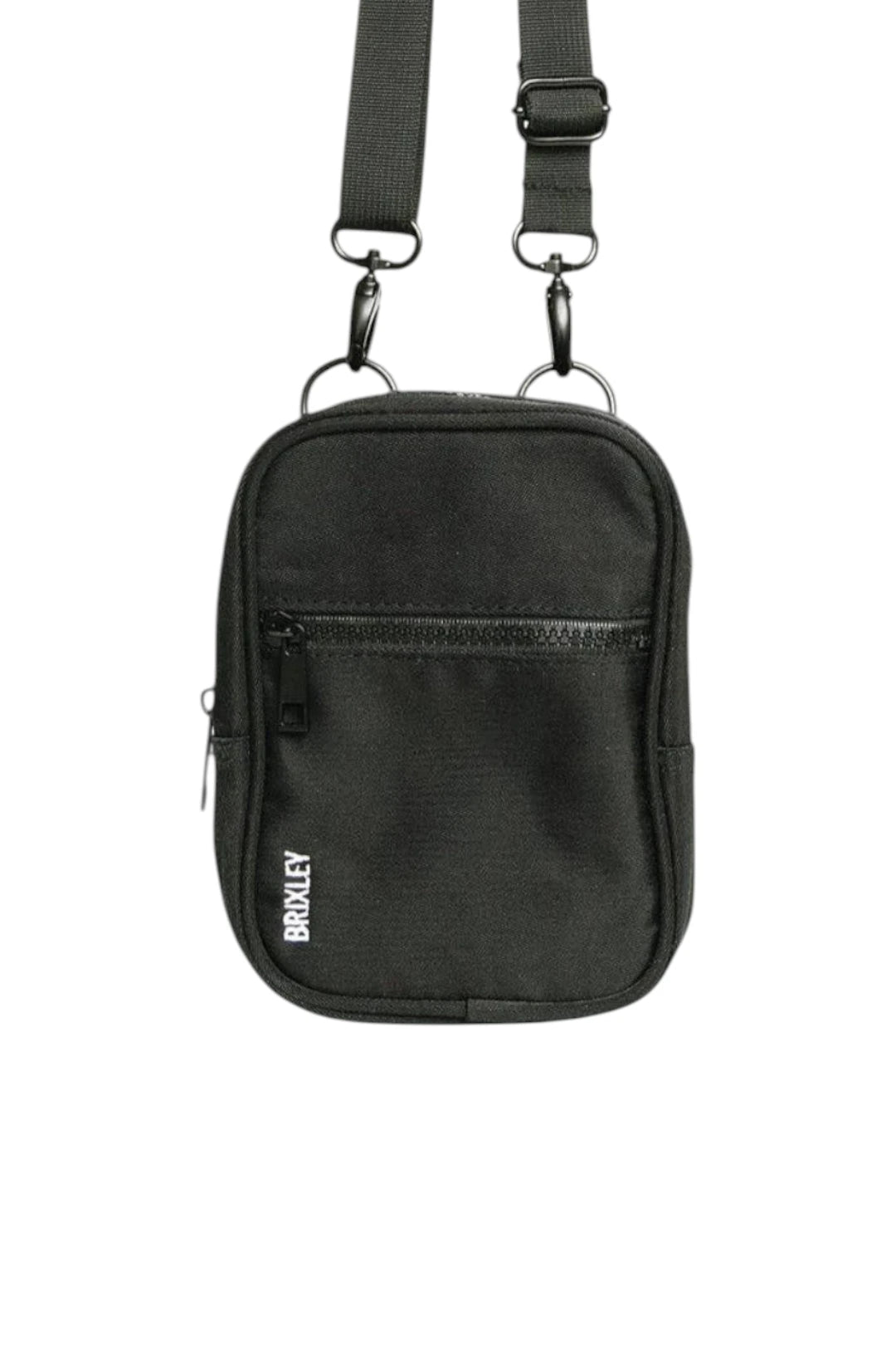 A black Brixley crossbody phone bag with a front zippered pocket and an adjustable shoulder strap, shown against a plain white background.