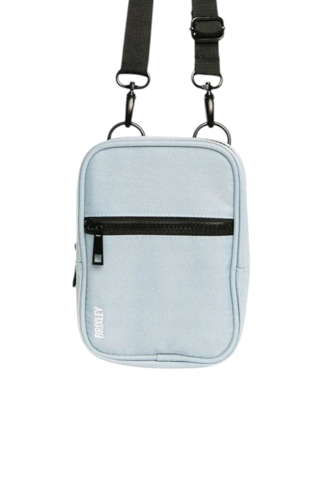 A light blue crossbody bag with a black front zipper pocket and a black adjustable shoulder strap, shown against a plain white background.