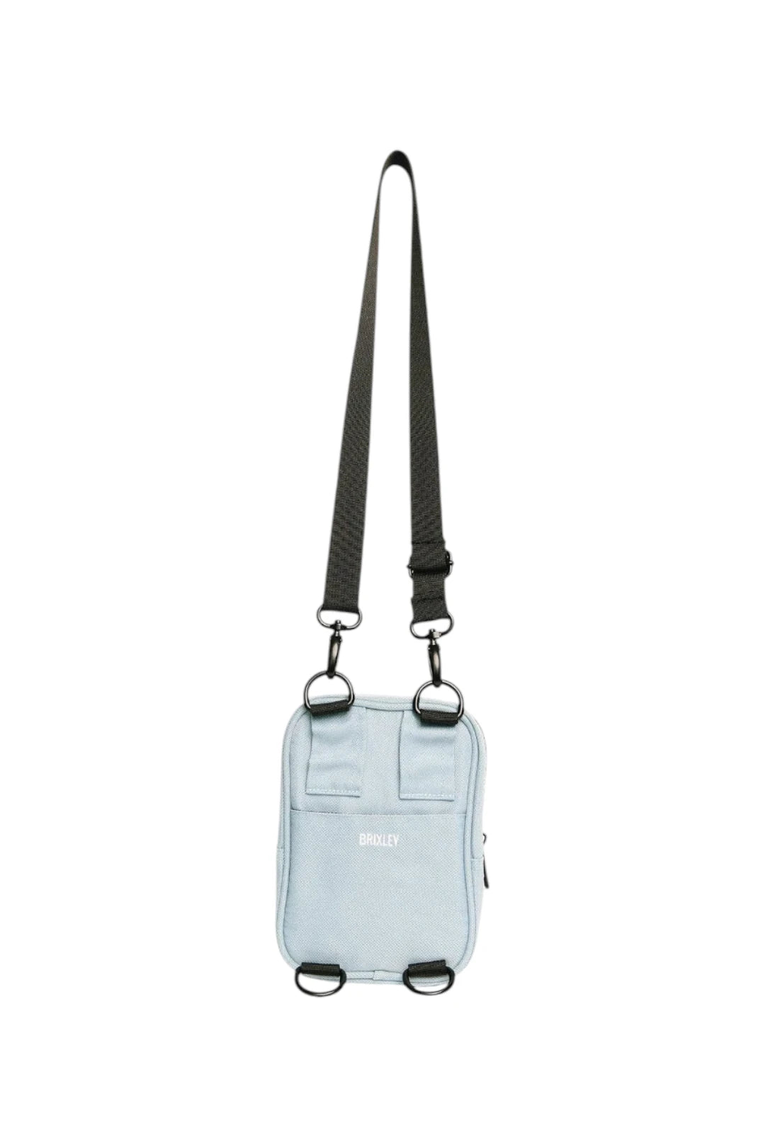 A light blue crossbody phone bag with a black adjustable shoulder strap and silver metal hardware, shown against a plain white background.
