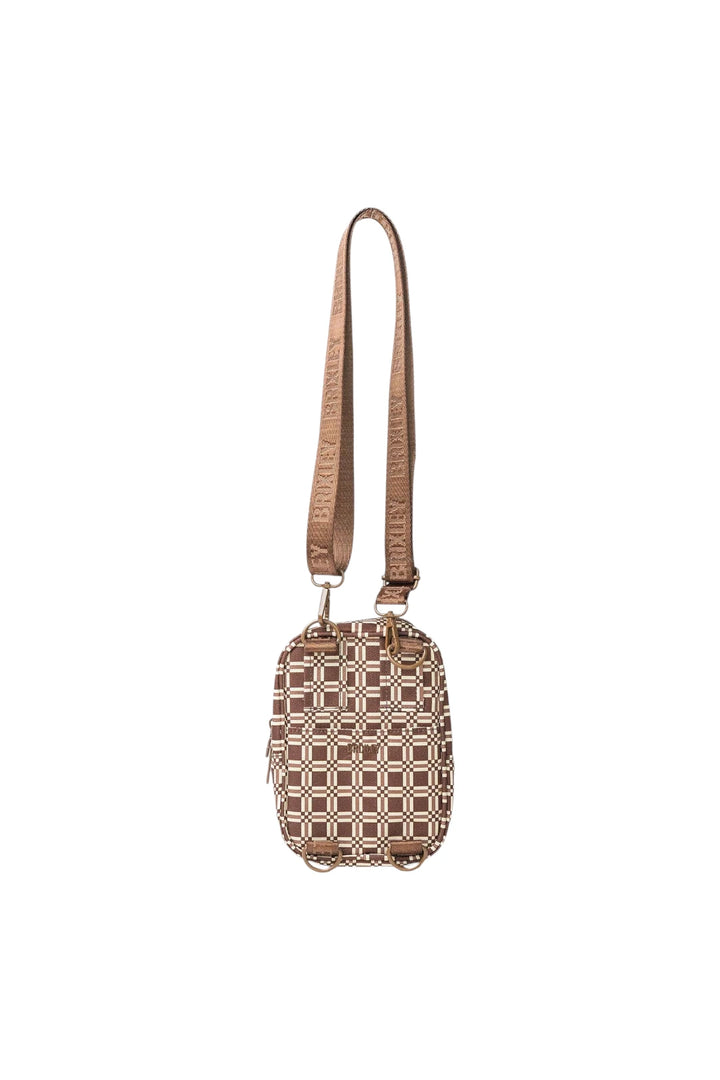 A small crossbody bag with a brown and beige geometric patterned body and a matching brown strap, shown against a plain white background.