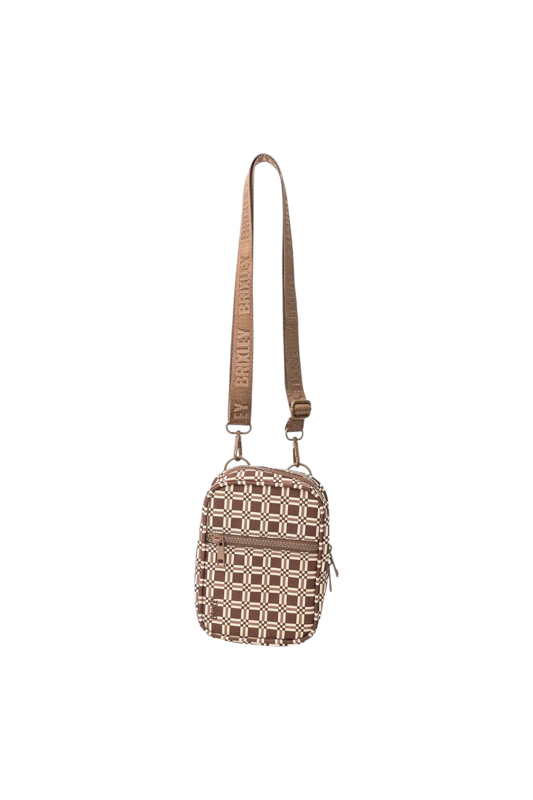 A small crossbody bag with a brown and beige geometric patterned body and a matching brown shoulder strap, shown against a plain white background.