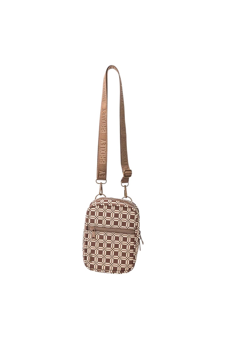 A small crossbody bag with a brown and beige geometric patterned body and a matching brown shoulder strap, shown against a plain white background.