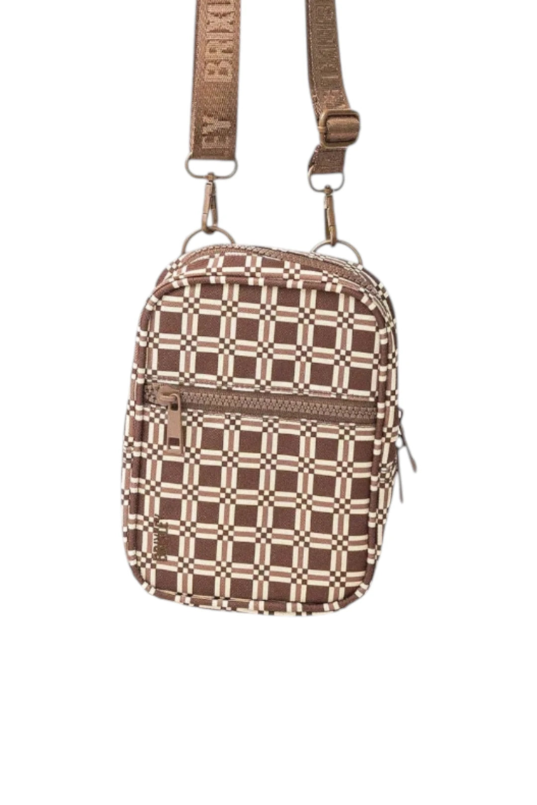 A small brown and beige checkered crossbody bag with a matching patterned strap, shown against a plain white background.