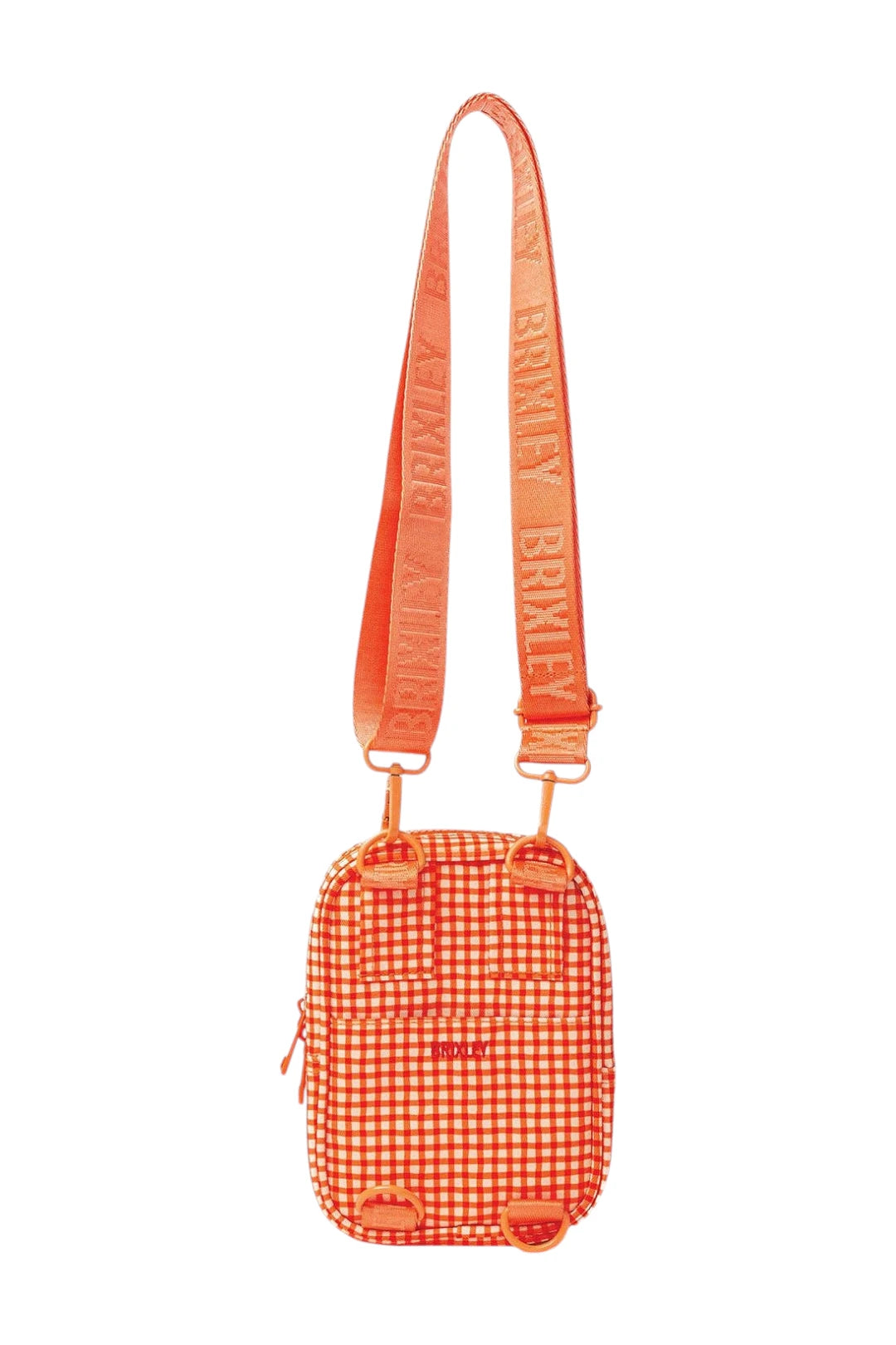 An orange and white gingham crossbody bag with a matching orange webbed strap featuring the brand name 'BRIXLEY' repeated, shown against a plain white background.