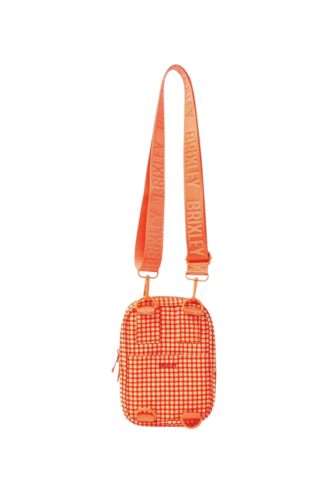 An orange and white gingham crossbody bag with a matching orange shoulder strap featuring the text 'BRIXLEY' in white, shown against a plain white background.