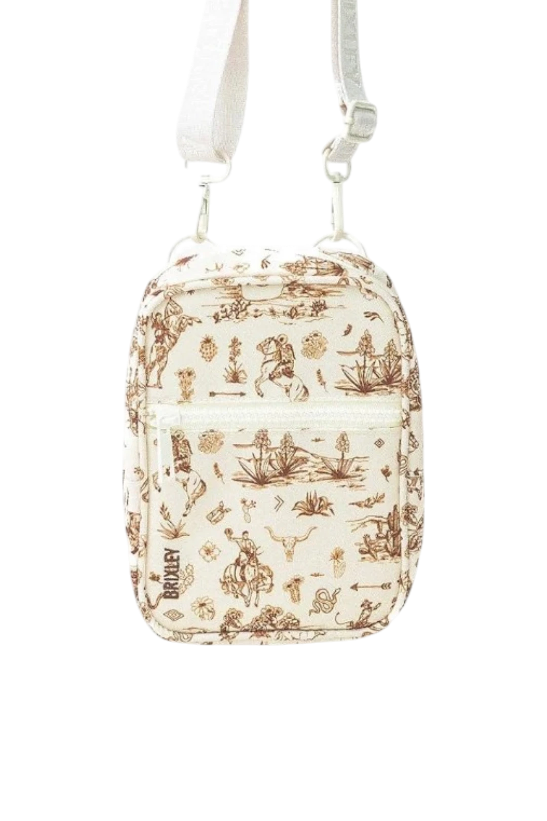 A small crossbody bag with a cream background and a brown western pattern, featuring a white shoulder strap and silver metal hardware.