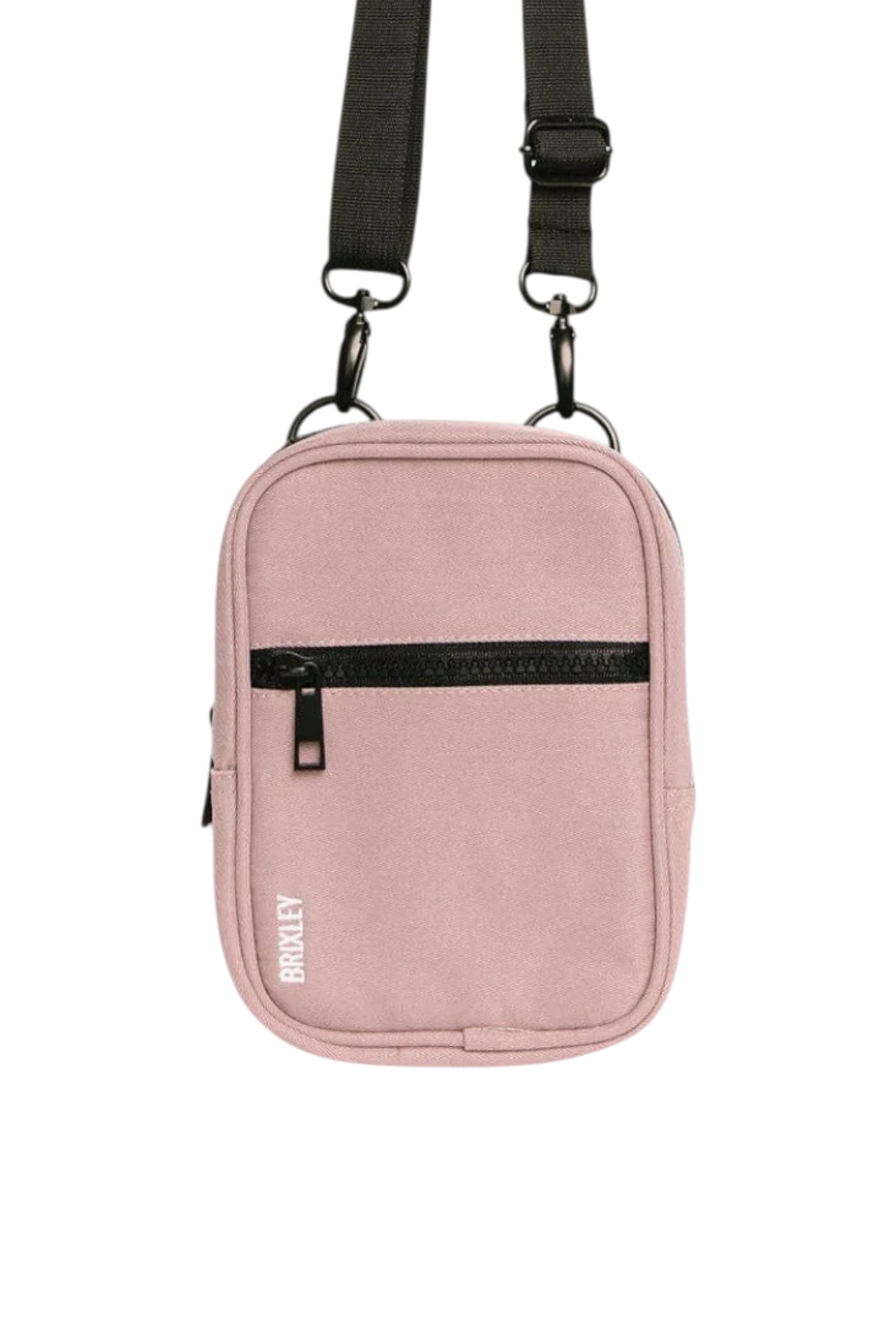 A dusty pink crossbody bag with a black adjustable strap and black zipper, featuring the brand name 'BRIXLEY' printed vertically in white on the lower left front.