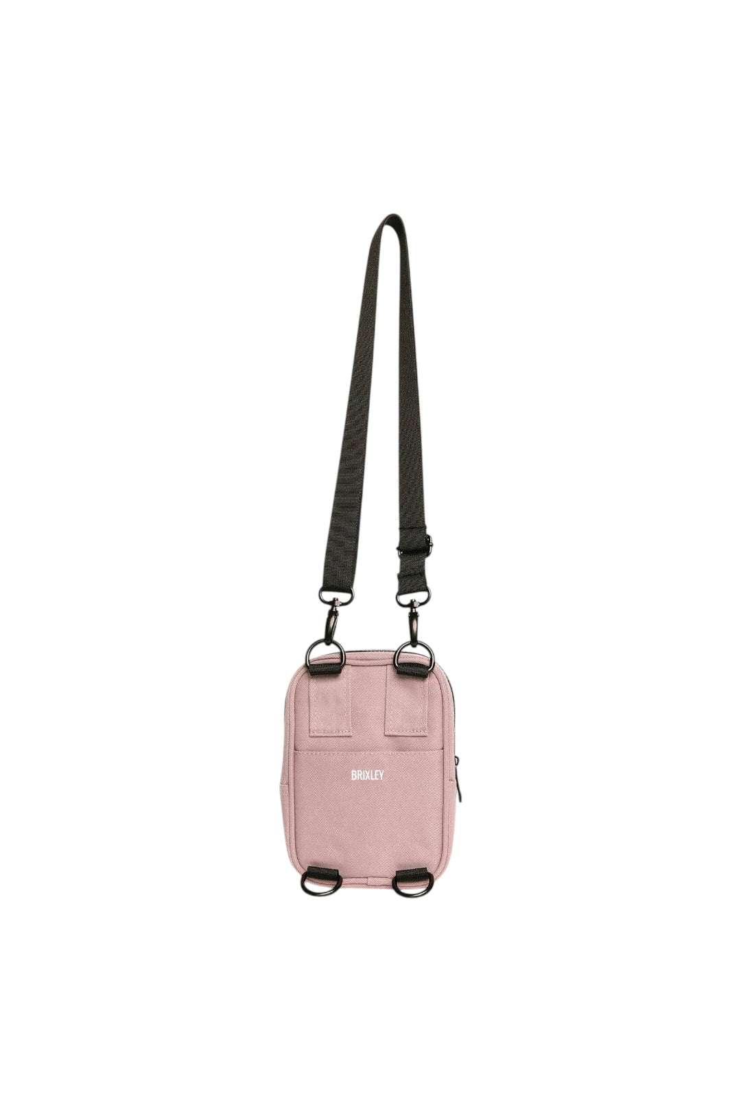 A light pink crossbody bag with a black adjustable shoulder strap and black hardware, featuring the brand name 'BRIXLEY' printed in white on the front.
