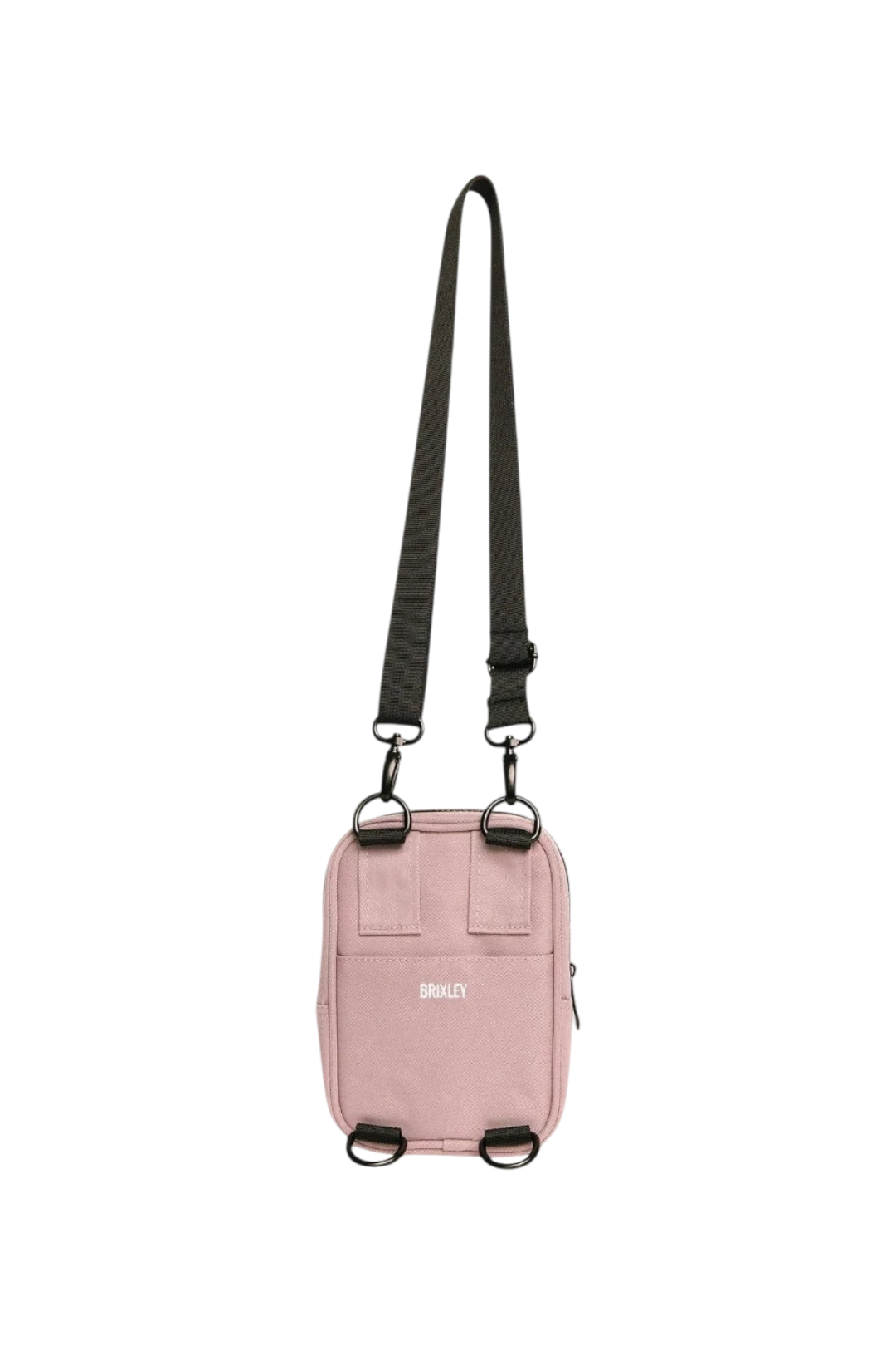 A light pink crossbody bag with a black adjustable shoulder strap and black hardware, featuring the brand name 'BRIXLEY' printed in white on the front.