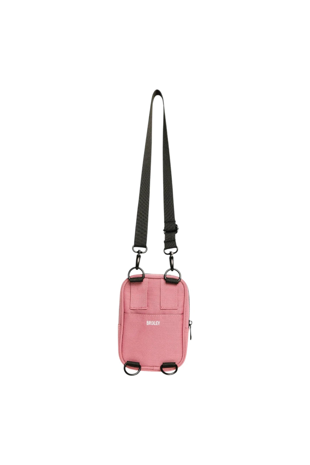 A pink crossbody bag with a black adjustable shoulder strap, black hardware, and a small white logo on the front, shown against a plain white background.