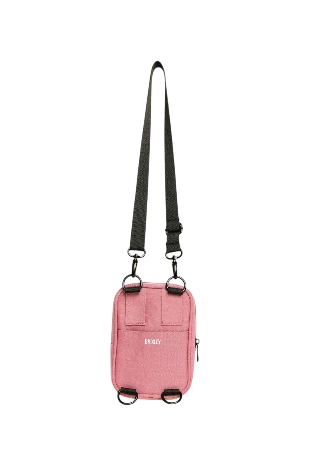 A pink crossbody phone bag with a black adjustable shoulder strap and black hardware, featuring the brand name 'BRIXLEY' printed in white on the front.