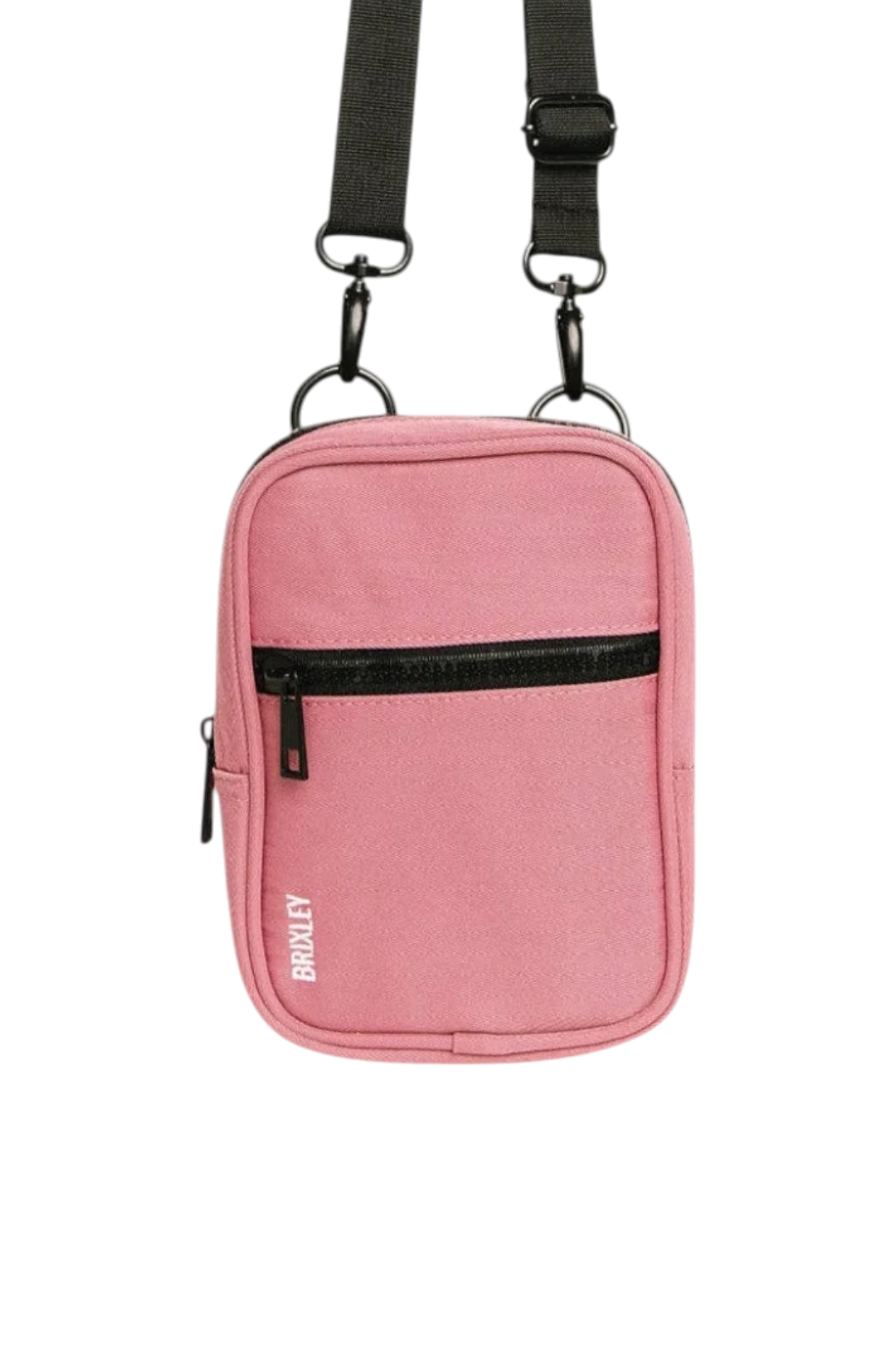 A pink Brixley crossbody phone bag with a black adjustable strap, black zipper, and white Briley logo on the front, shown against a plain white background.