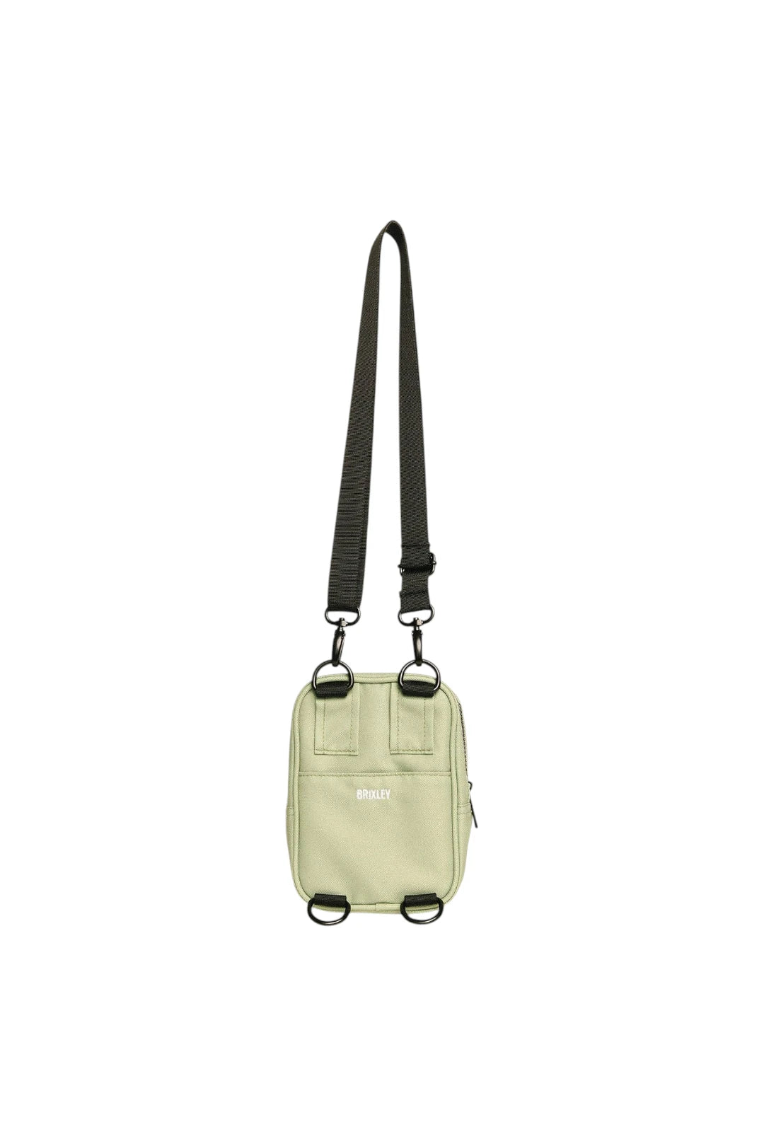 A small light sage green crossbody bag with a black adjustable shoulder strap and black metal hardware, shown against a plain white background.