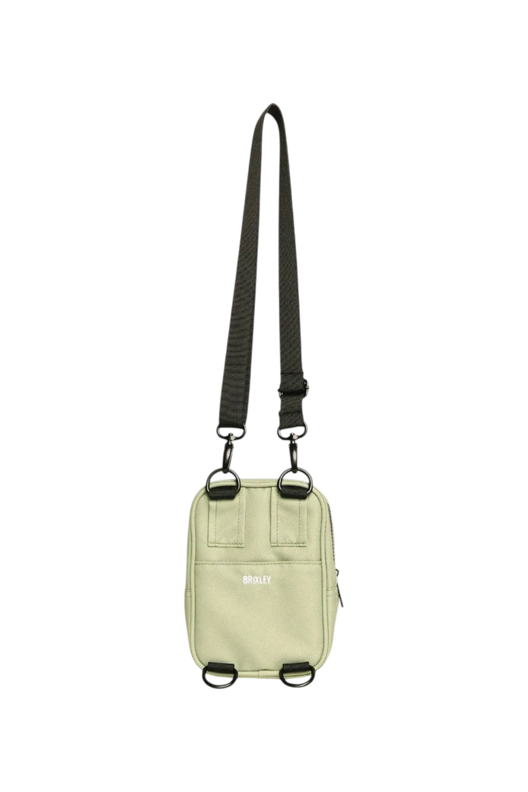 A light sage green utility pouch bag with a black adjustable shoulder strap, black metal hardware, and a small white logo on the front, shown against a plain white background.