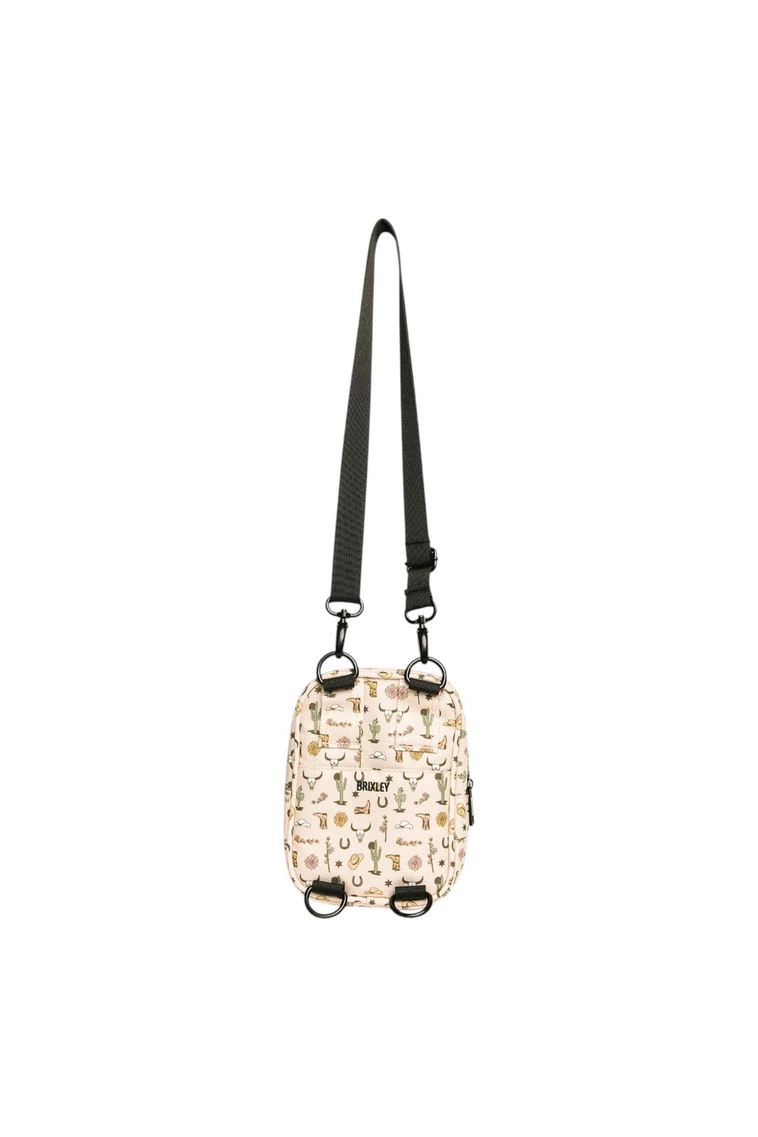 A small crossbody bag with a beige and white patterned body and a black adjustable shoulder strap, shown against a plain white background.
