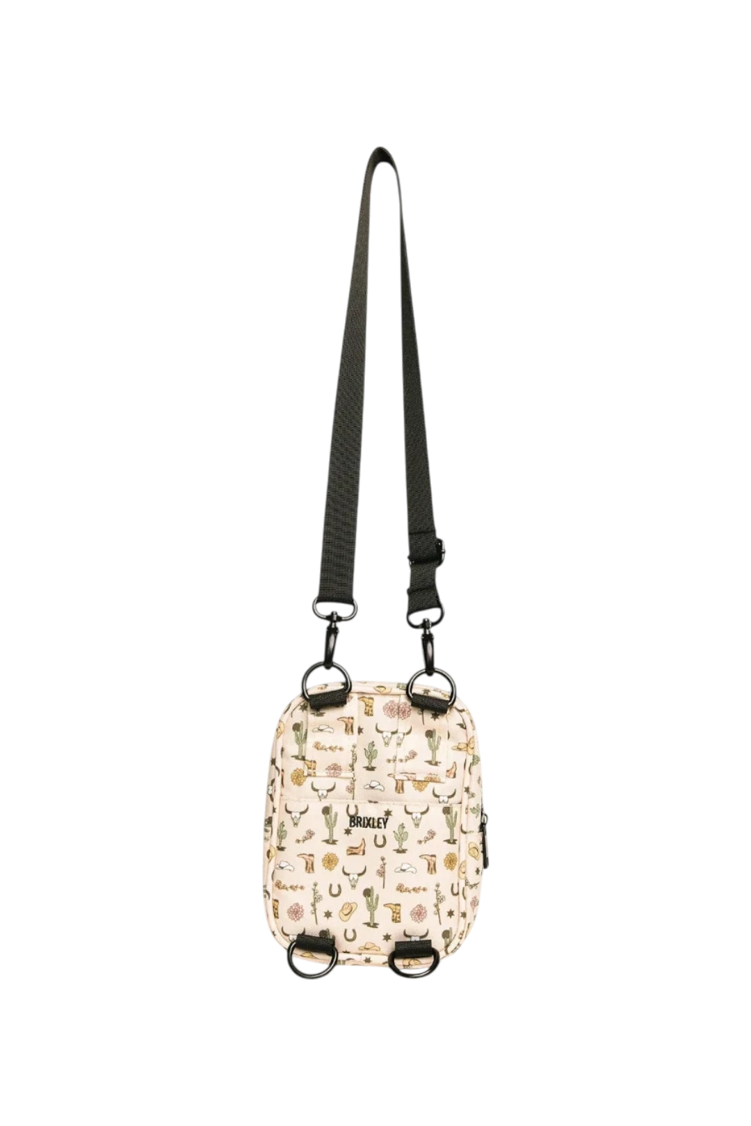 A small crossbody bag with a cream background and a multicolor western pattern, featuring a black adjustable shoulder strap and black hardware, shown against a plain white background.