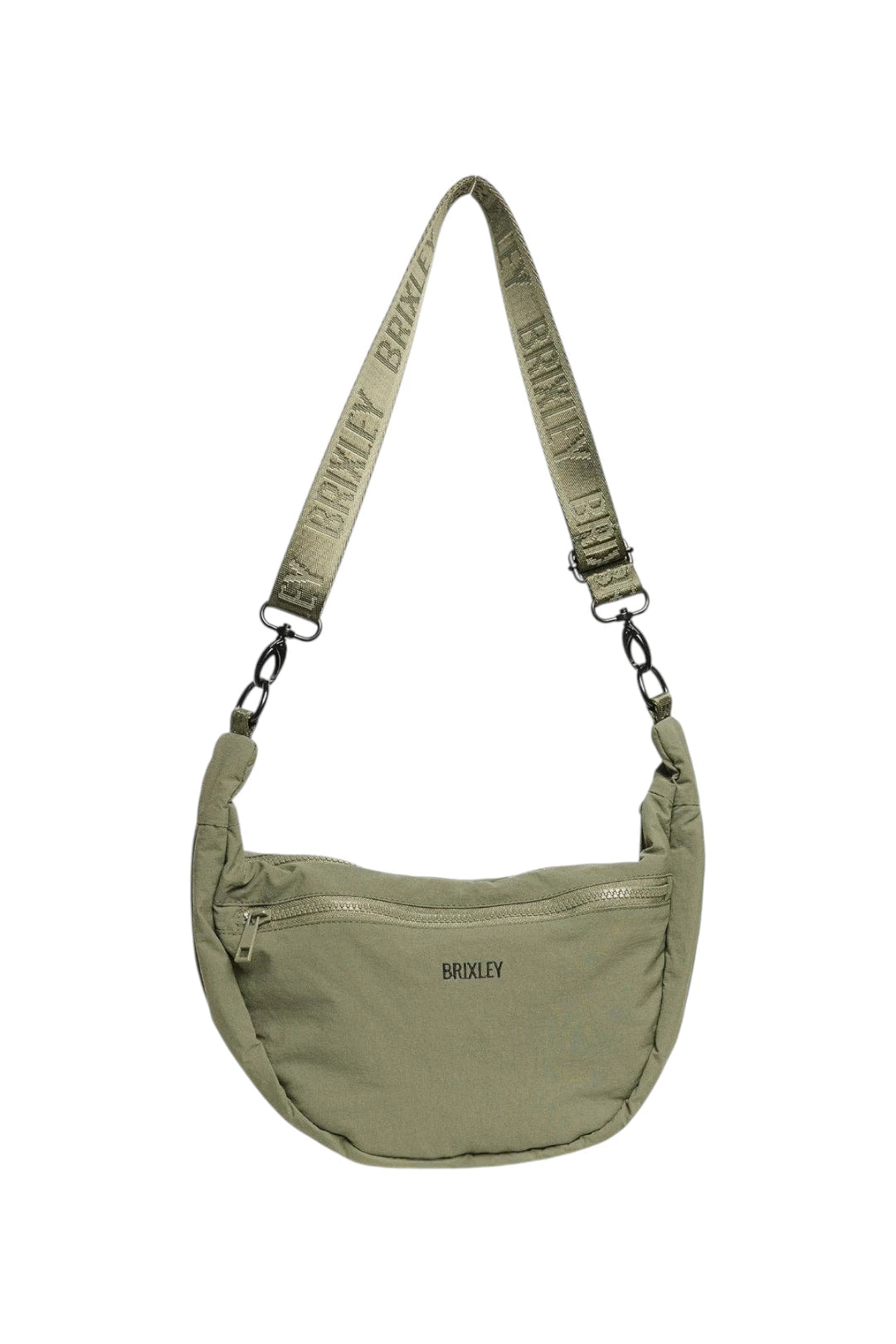 An olive green semi-circular crossbody bag with a matching branded webbing strap, shown against a plain white background.