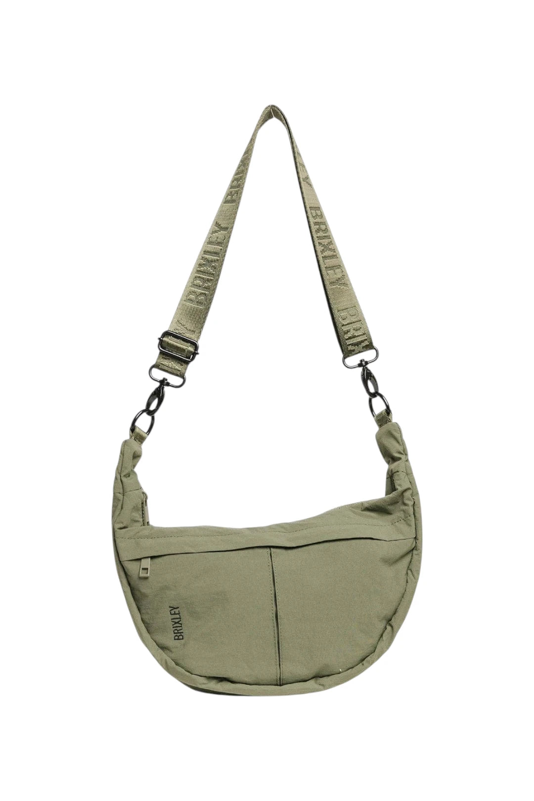 An olive green crescent-shaped shoulder bag with a matching branded webbing strap, shown against a plain white background.