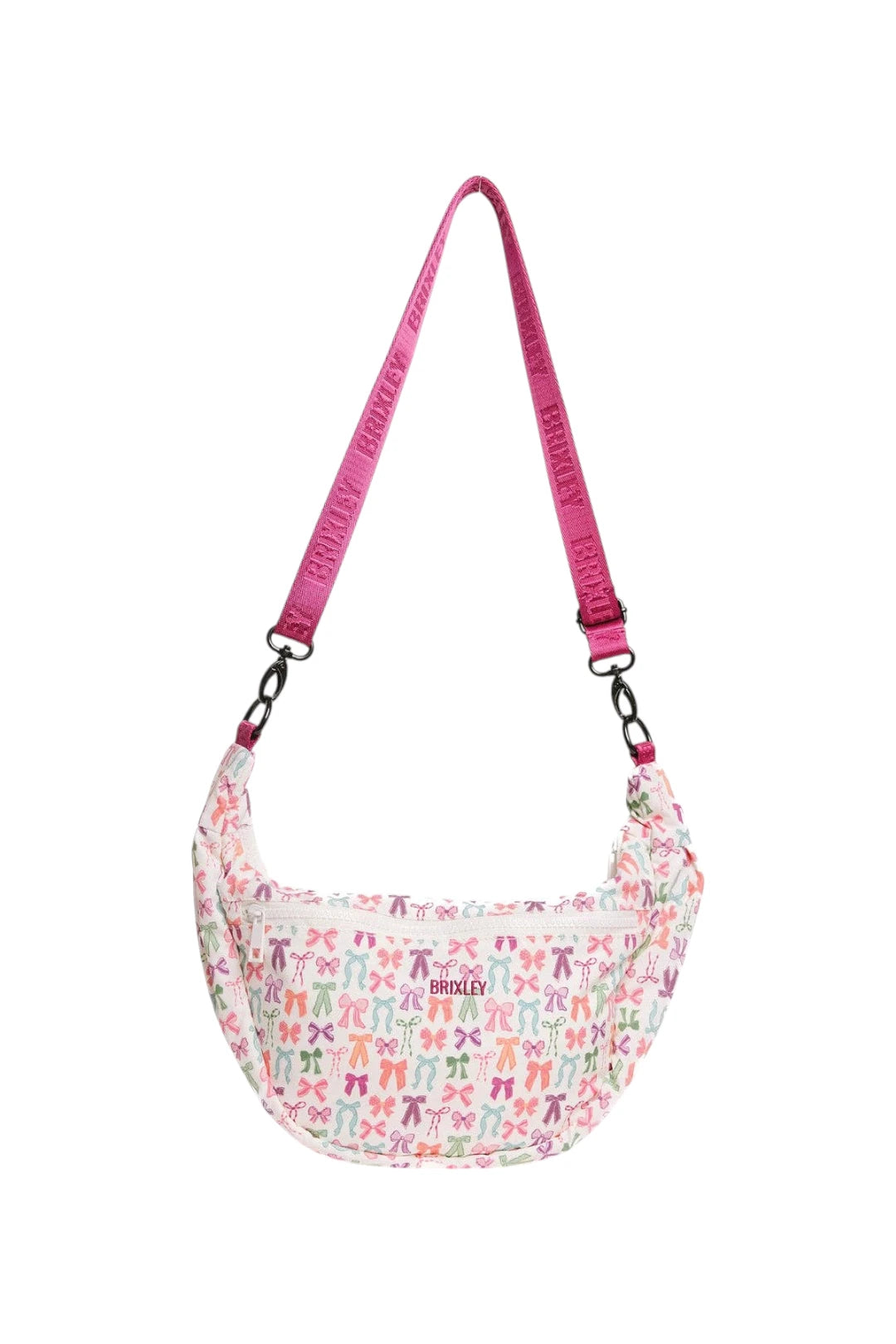A small crescent-shaped shoulder bag with a pink patterned body and a bright pink adjustable strap, shown on a plain white background.