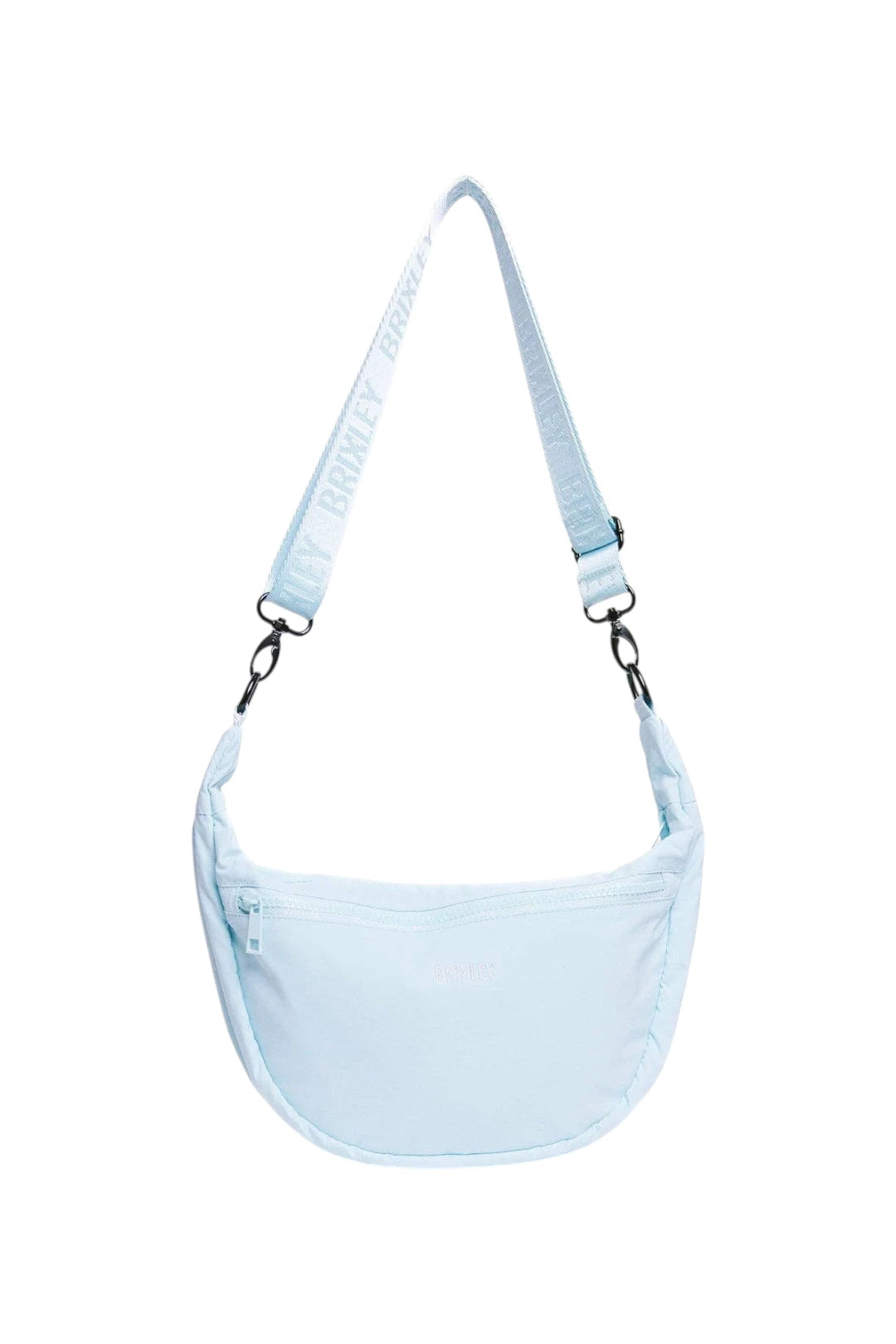 A light blue crescent-shaped shoulder bag with a matching adjustable strap featuring the brand name 'Brixley' printed in white, shown against a plain white background.