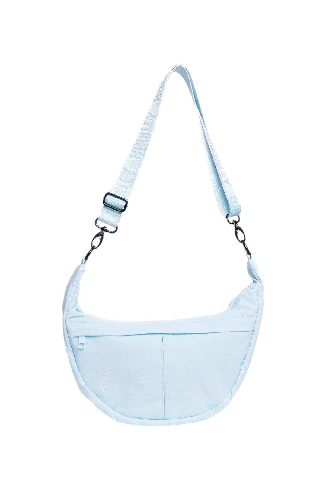 A light blue crescent-shaped shoulder bag with a matching adjustable shoulder strap, shown against a plain white background.