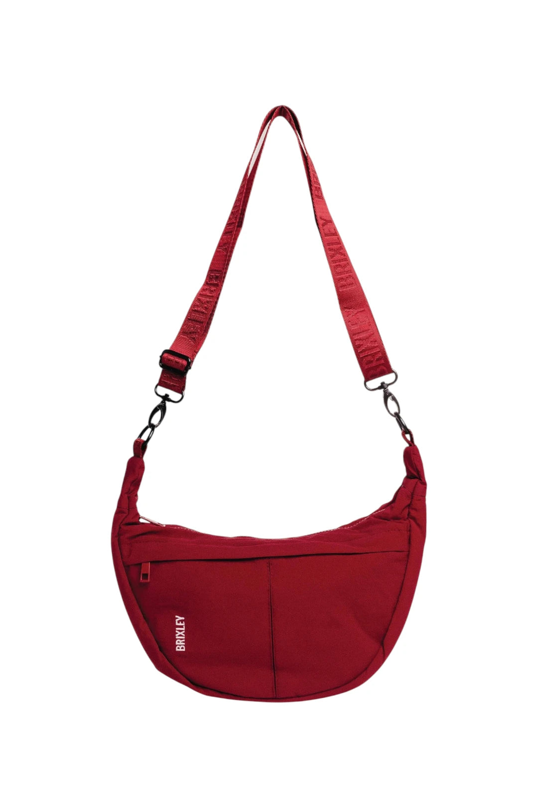 A red crescent-shaped shoulder bag with an adjustable shoulder strap and a front zippered pocket, shown against a plain white background.