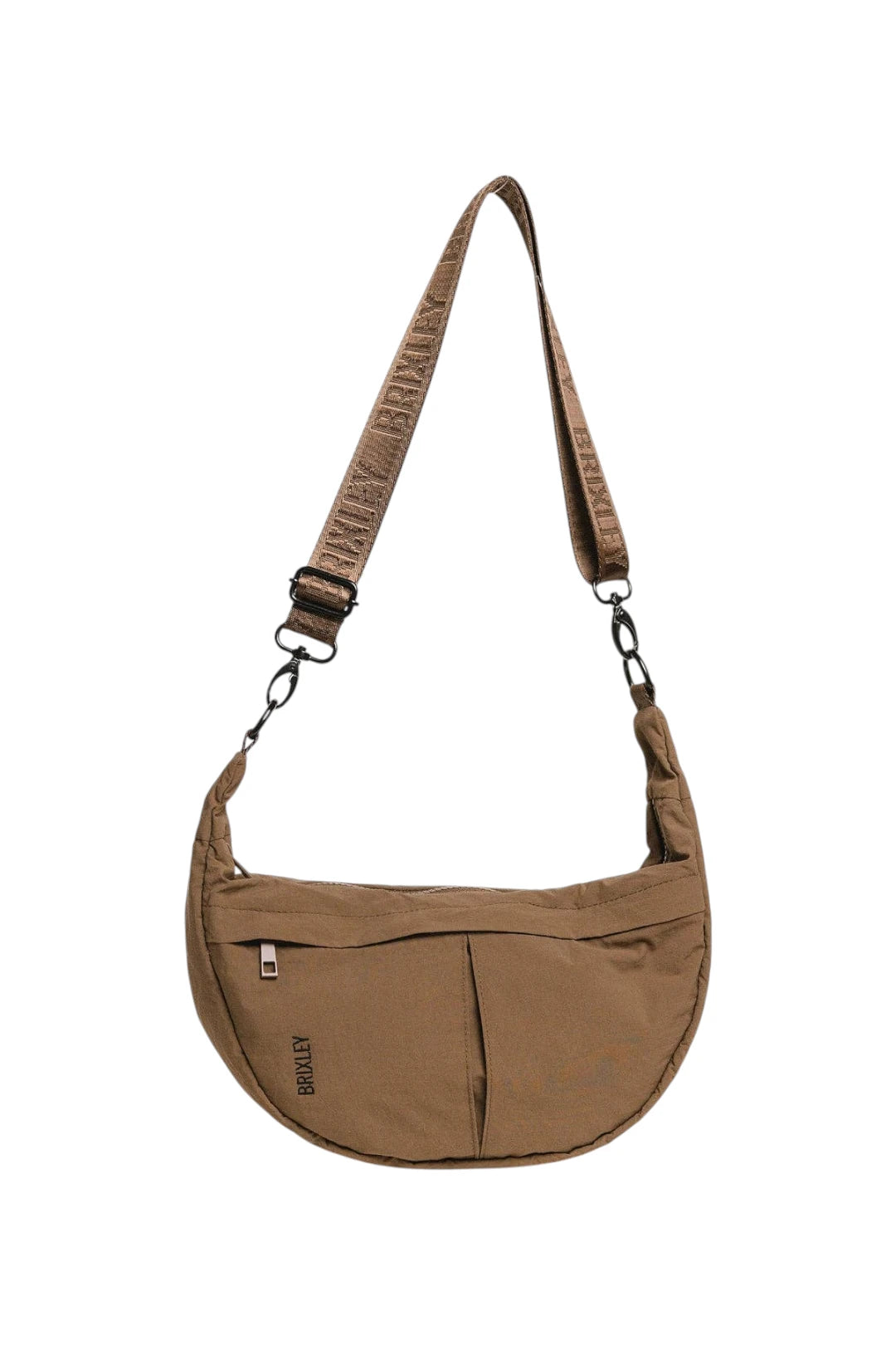 A brown crescent-shaped shoulder bag with a matching adjustable shoulder strap, featuring multiple front pockets and a small 'BRIXLEY' brand label, shown against a plain white background.