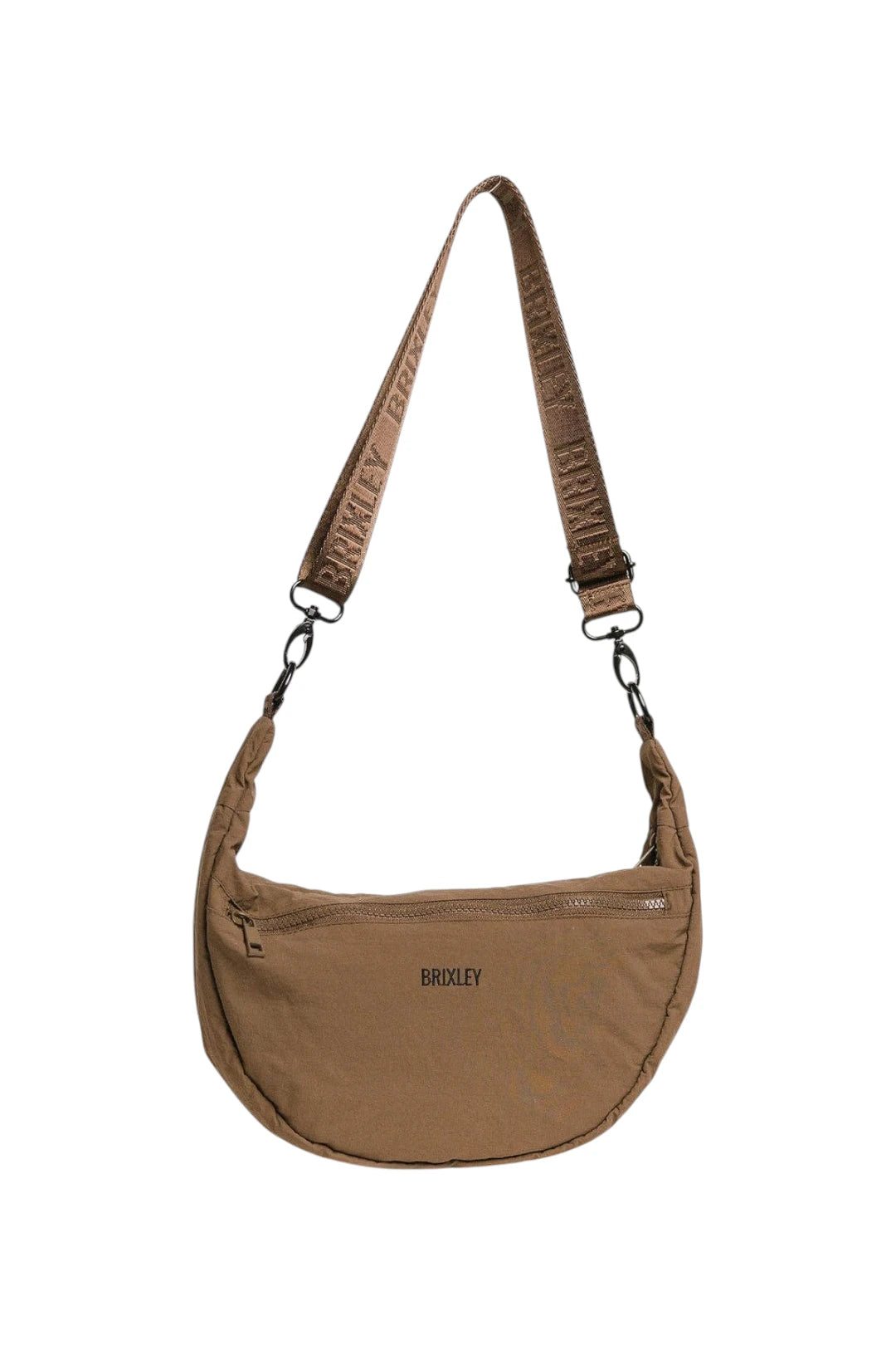 A brown crescent-shaped shoulder bag with a matching patterned strap, featuring the brand name 'BRIXLEY' printed on the front and strap, set against a plain white background.