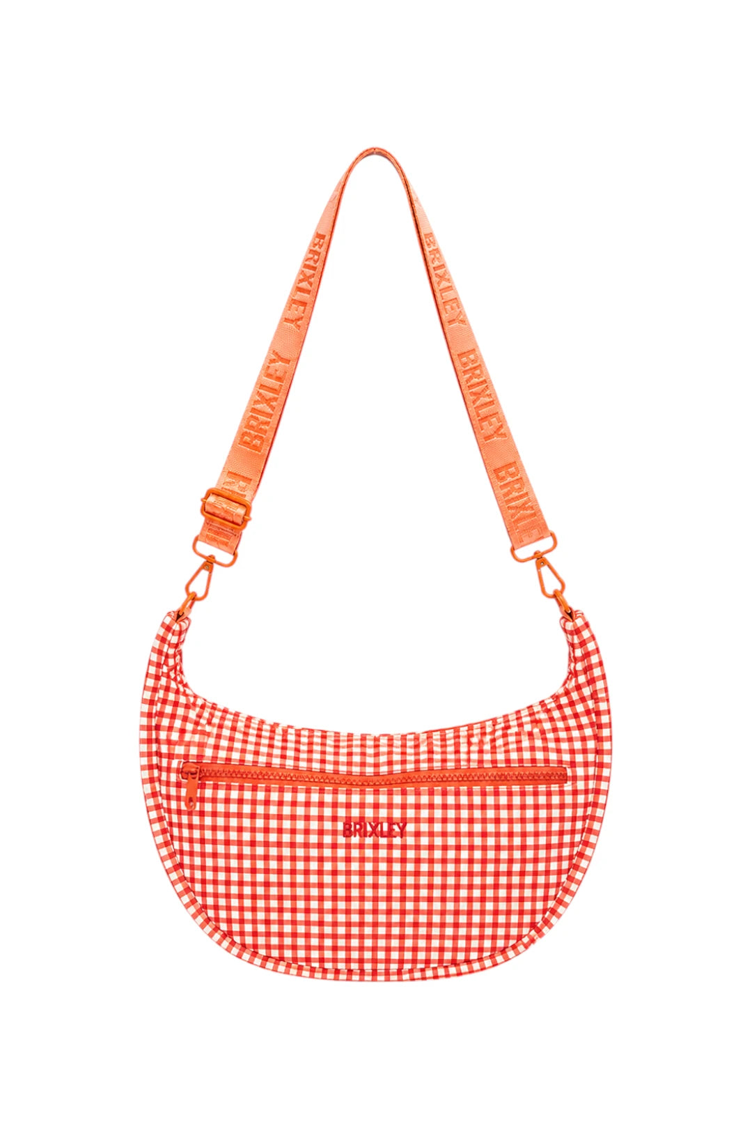 A red and white gingham crescent-shaped shoulder bag with a matching orange-red webbed strap featuring the brand name 'BRIXLEY' repeated, shown on a plain white background.