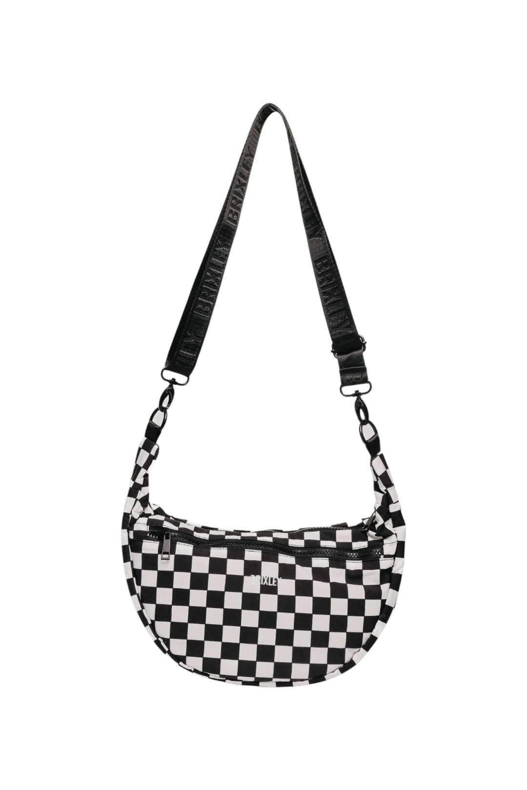 A black and white checkered crescent-shaped shoulder bag with a matching checkered strap, shown against a plain white background.