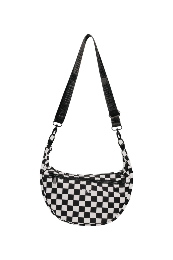 A black and white checkered crescent-shaped shoulder bag with a matching checkered strap, shown against a plain white background.