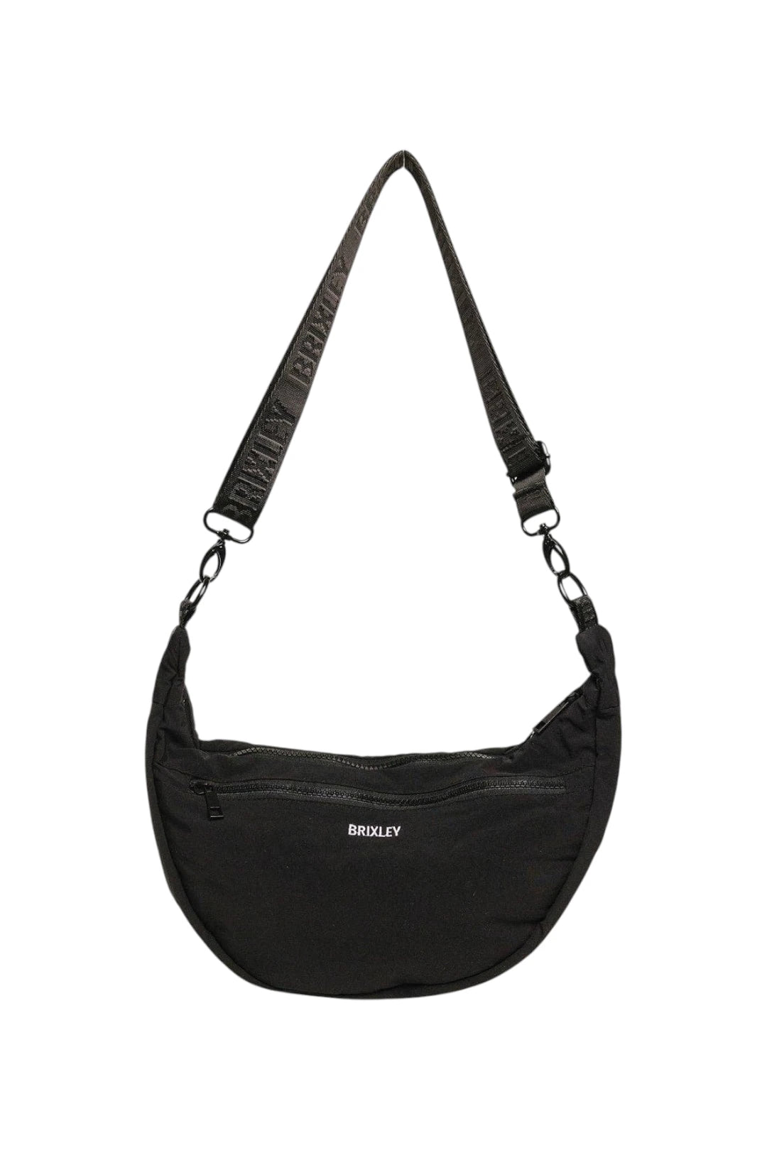 A black crescent-shaped shoulder bag with a wide, patterned black strap and a small white 'BRIXLEY' logo on the front, shown against a plain white background.