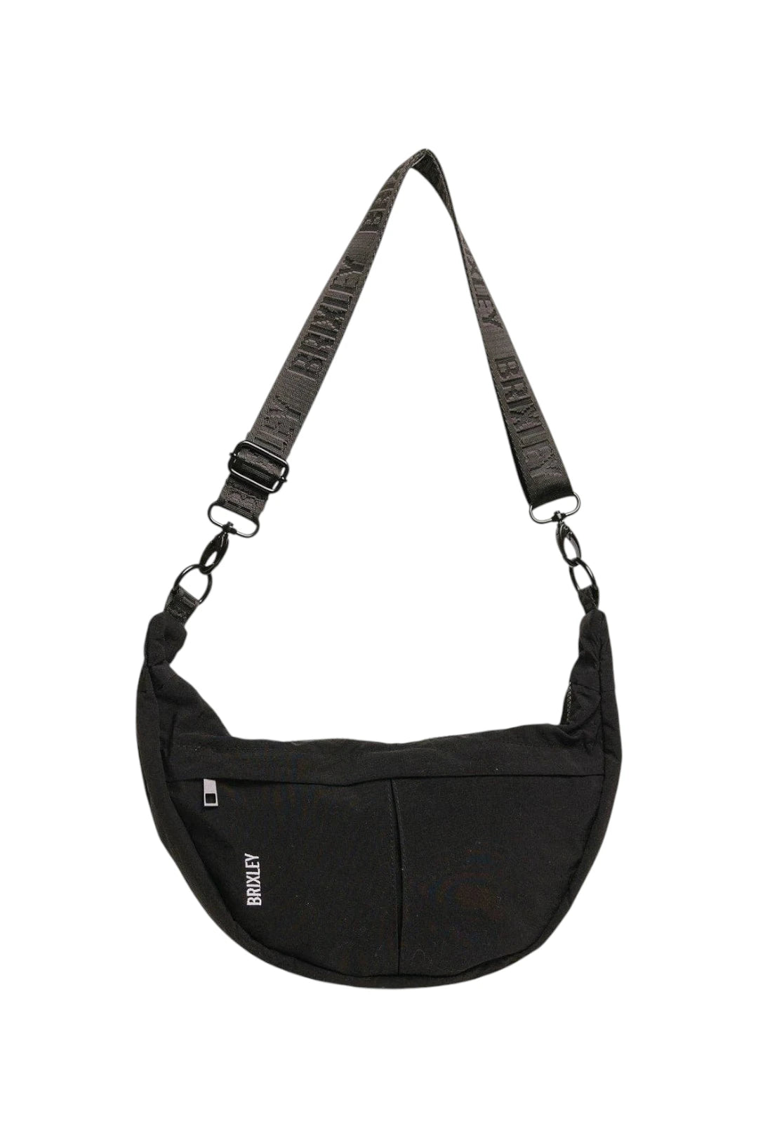A black crescent-shaped shoulder bag with a wide, textured black strap and silver metal hardware, featuring a small white 'BRIXLEY' logo on the front.
