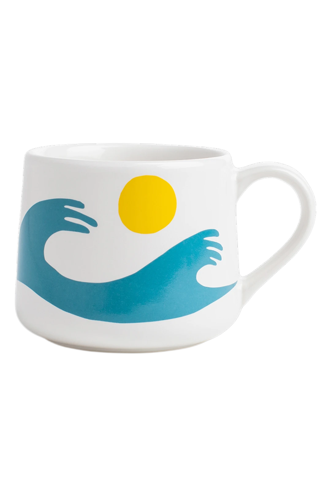 A white ceramic mug featuring a minimalist graphic design of a yellow sun and a blue wave, set against a plain white background.