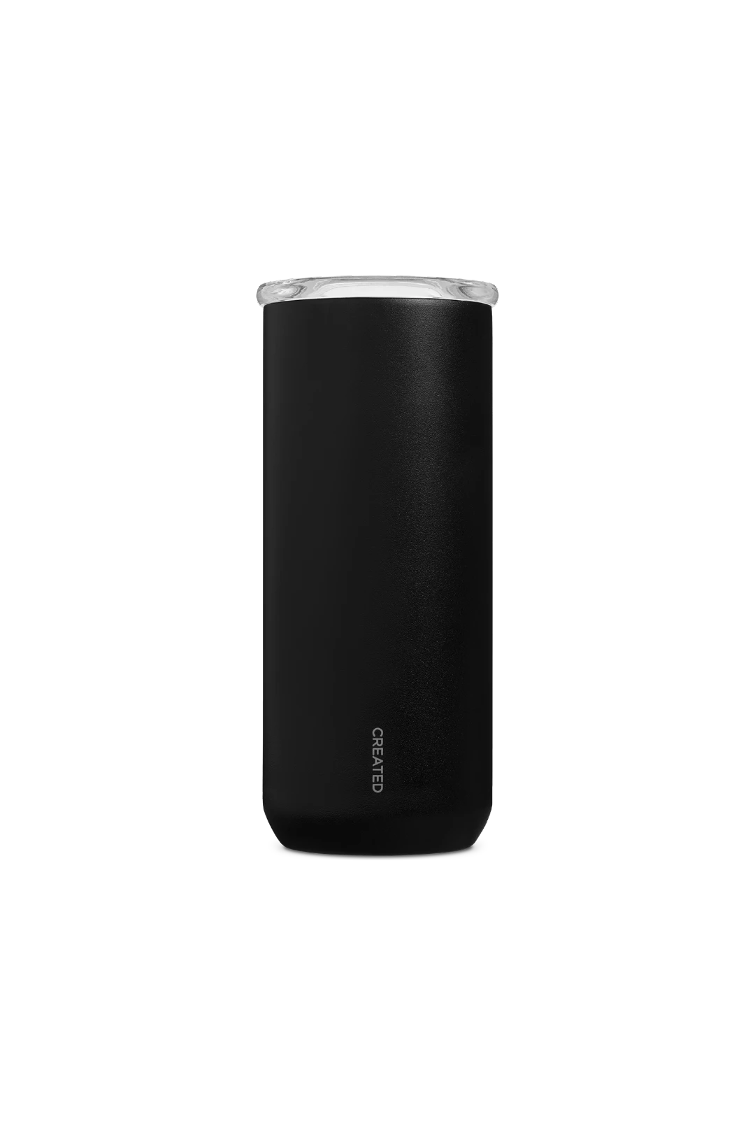 A matte black insulated tumbler with a clear lid, featuring the vertical 'CREATED' brand logo near the bottom, centered on a solid white background.