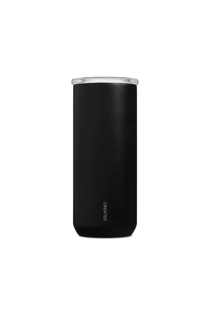 A matte black insulated tumbler with a clear lid, featuring the vertical 'CREATED' brand logo near the bottom, centered on a solid white background.