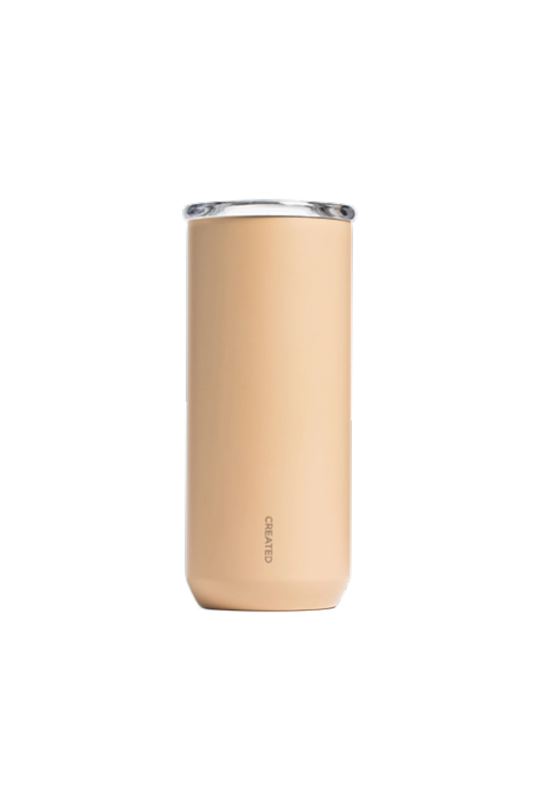 A tall, slim insulated tumbler in a warm desert color with a clear rim, shown against a solid white background. The brand name 'CREATED' is printed vertically near the bottom.