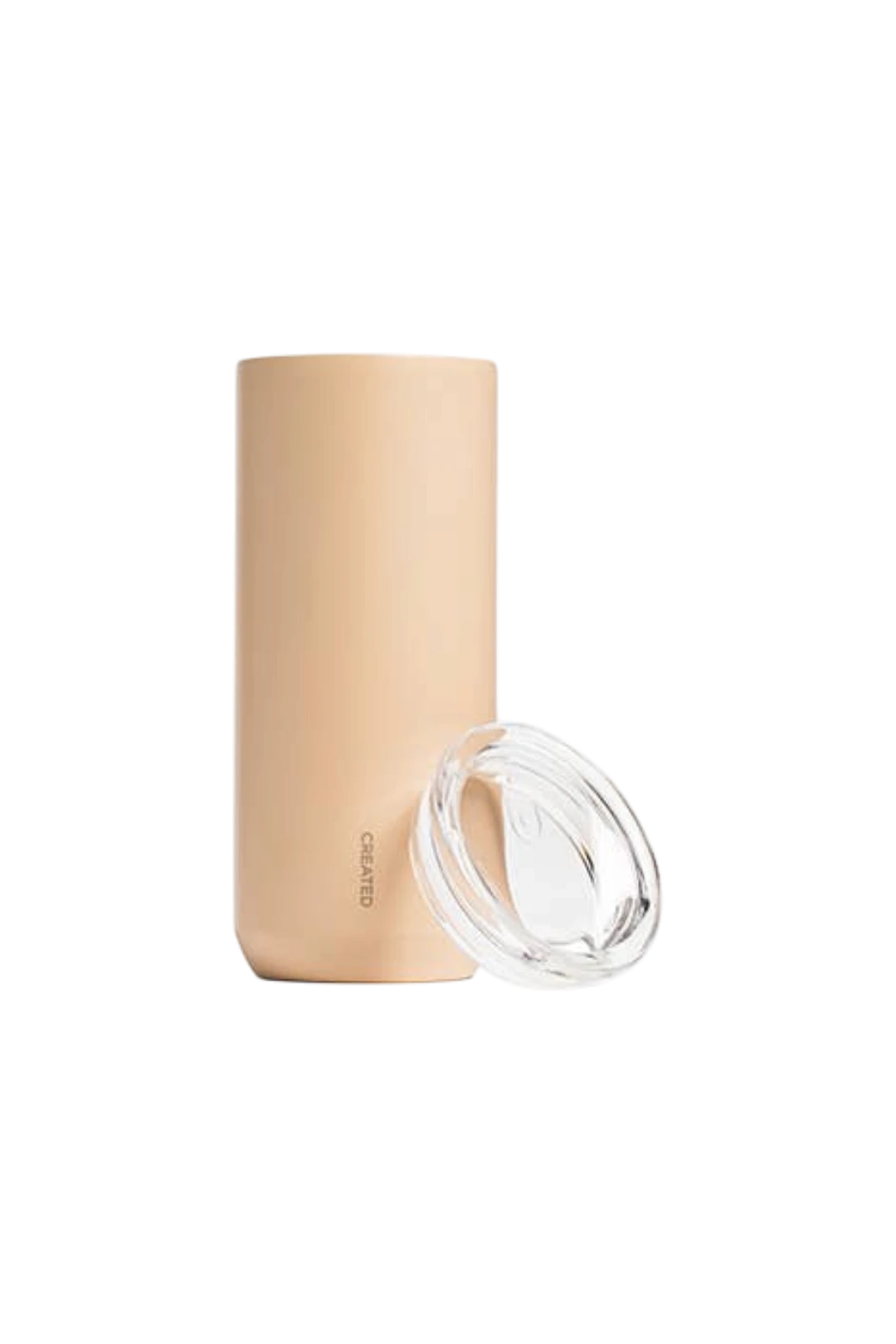 A matte beige insulated tumbler with a clear plastic lid, shown on a solid white background.